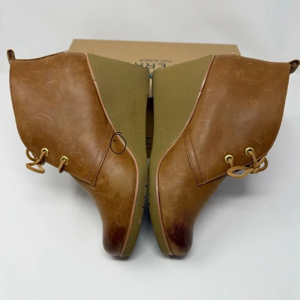 Sperry Harlow Burnished Wedge Booties Brown Leather Lace Up Ankle Boots Size 9